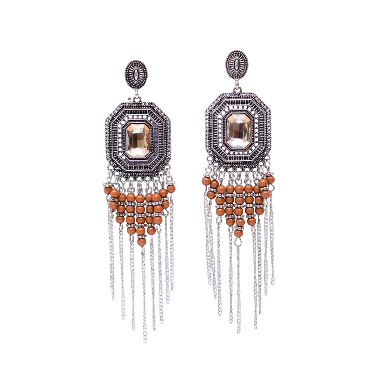 Namokriti Boho Elegance: Handcrafted Oxidized Silver Earrings with Stunning Champagne Stone & Beaded Chain Dangles